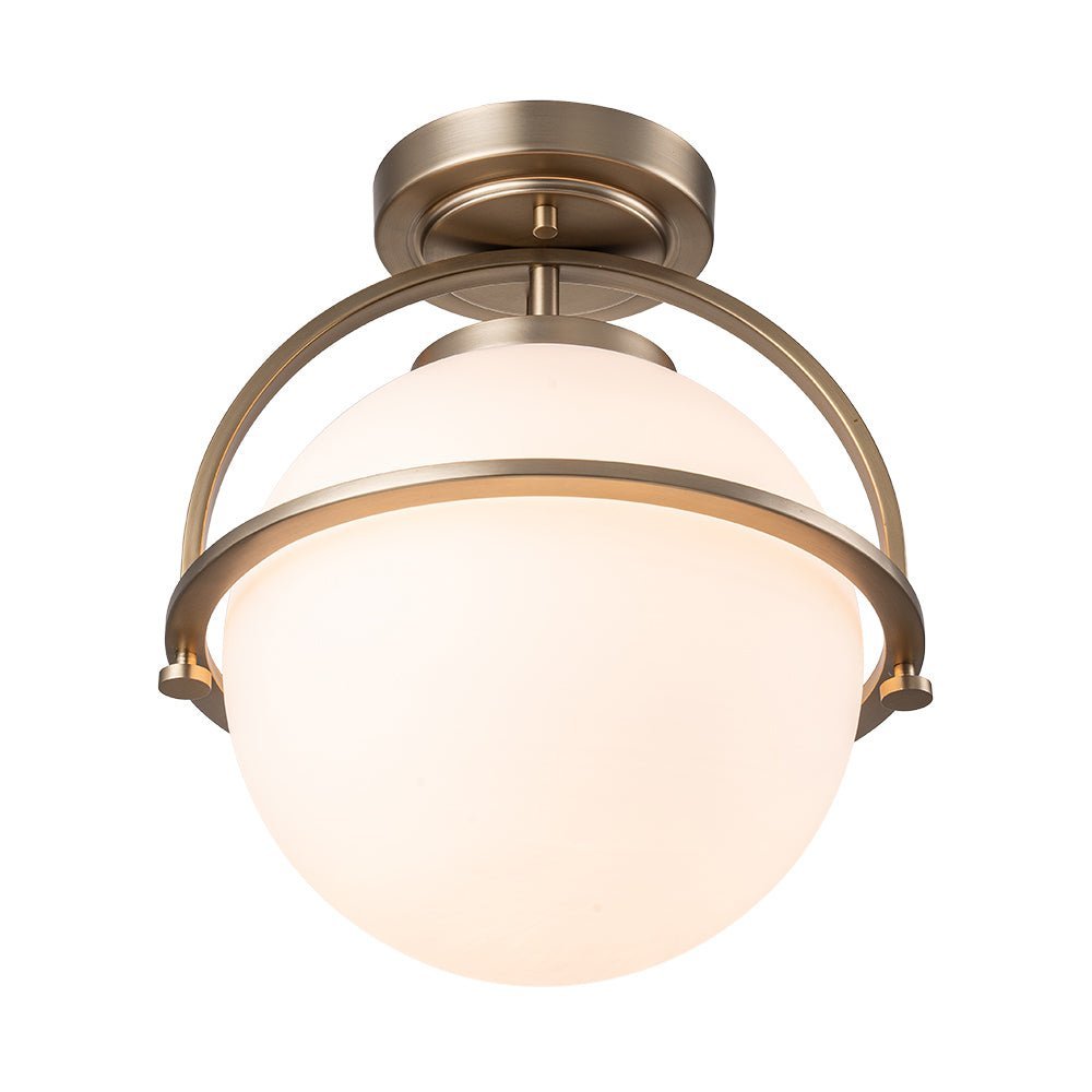 Wide Opal Glass Globe Brass 1-Light Ceiling Light