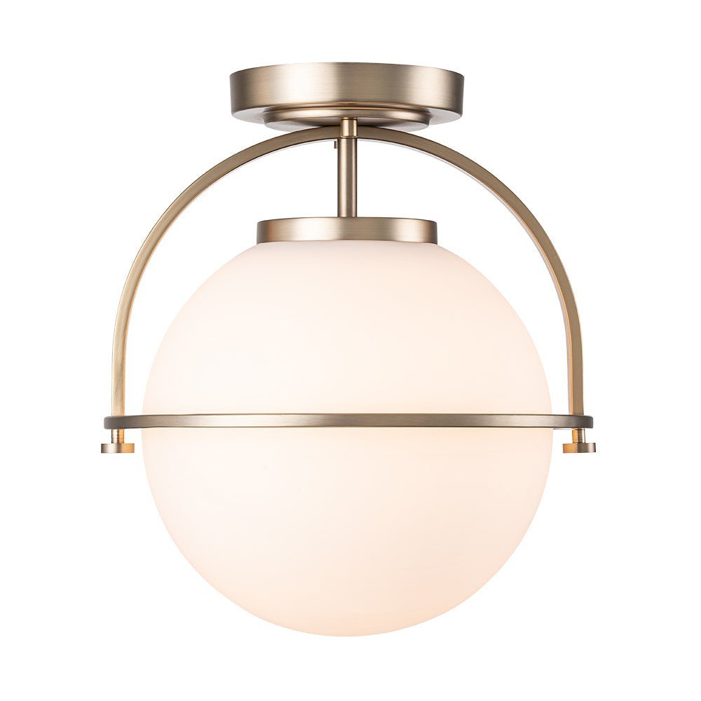 Wide Opal Glass Globe Brass 1-Light Ceiling Light