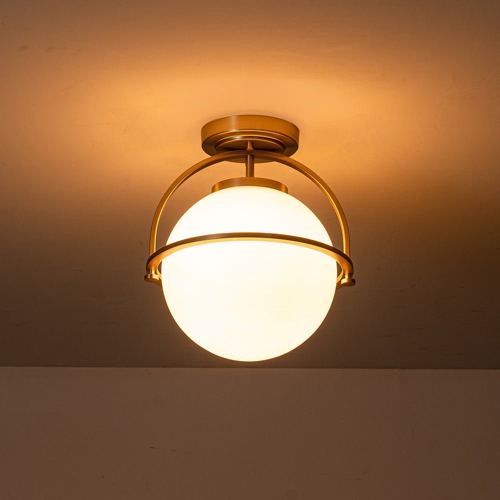 Wide Opal Glass Globe Brass 1-Light Ceiling Light