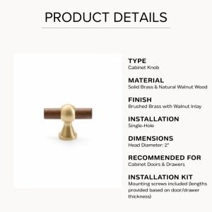 Zenith T-Bar Cabinet Knob | Natural Walnut Wood & Brushed Brass Hardware for Kitchen Drawers, Mid-Century Modern Style