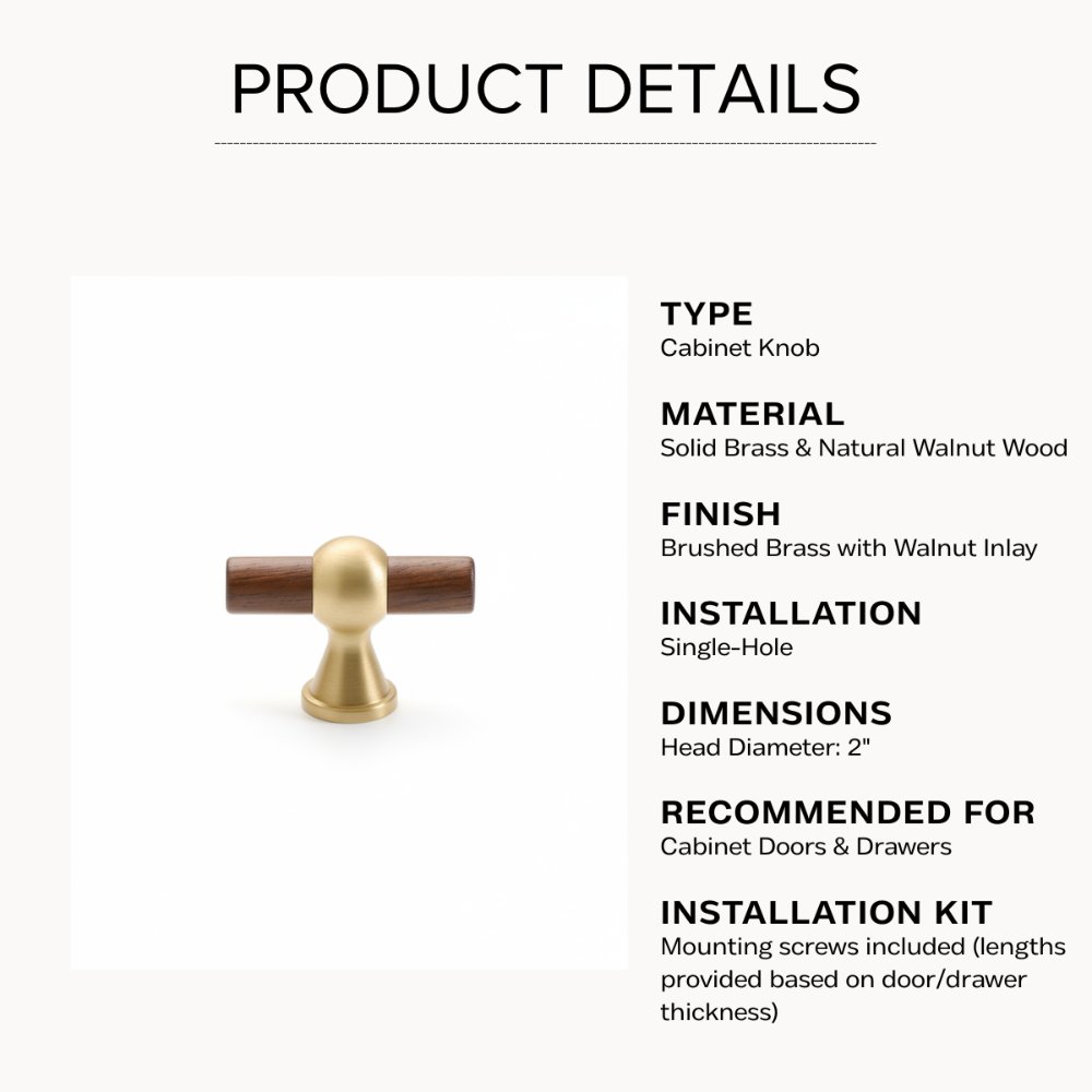 Zenith T-Bar Cabinet Knob | Natural Walnut Wood & Brushed Brass Hardware for Kitchen Drawers, Mid-Century Modern Style