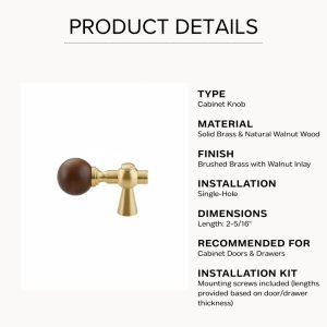 Poise Cabinet Knob | Natural Walnut Sphere & Brushed Brass Asymmetrical T-Bar Hardware for Modern Drawers