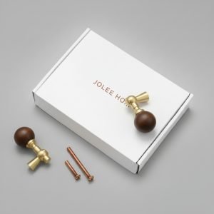 Poise Cabinet Knob | Natural Walnut Sphere & Brushed Brass Asymmetrical T-Bar Hardware for Modern Drawers